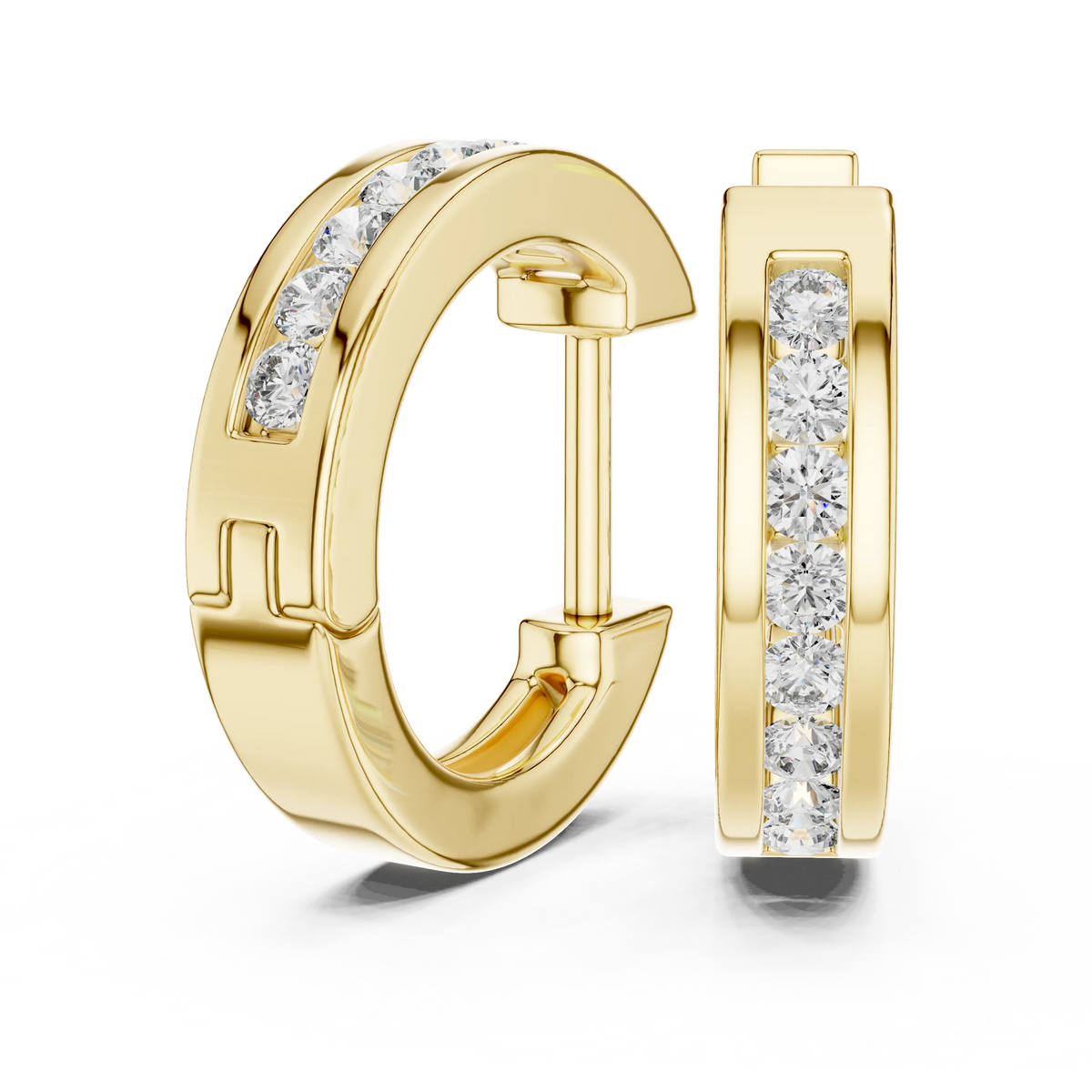 Moissanite channel set huggie earrings in yellow 925 sterling silver, view 1