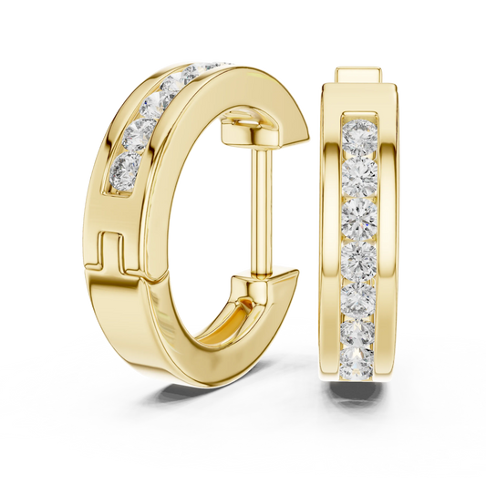 Moissanite channel set huggie earrings in yellow 925 sterling silver, view 1