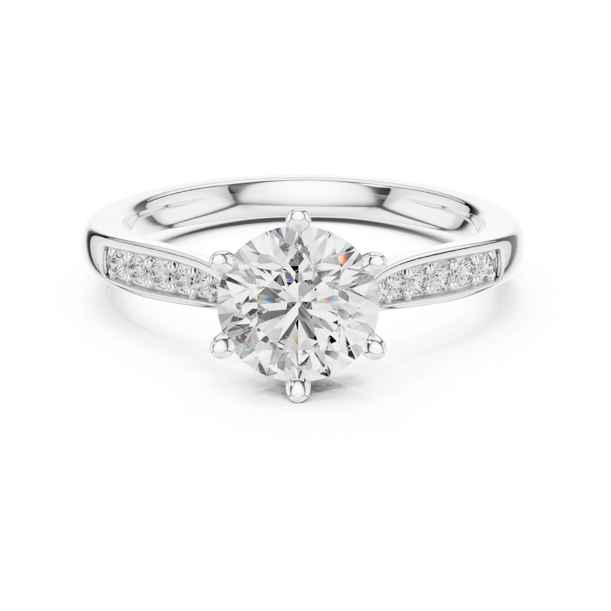Round Six Prong Moissanite Ring with Pavé Shoulders in white 925 sterling silver, view 4