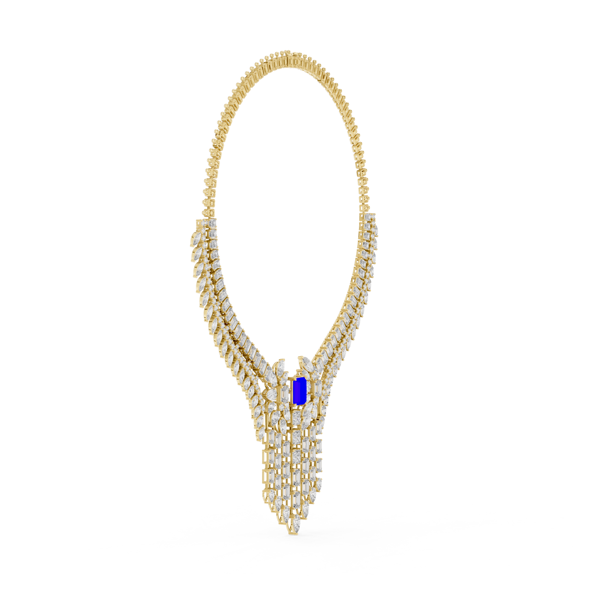 Statement Fringe Collar Necklace with Blue Centre Stone in yellow 925 sterling silver, view 3