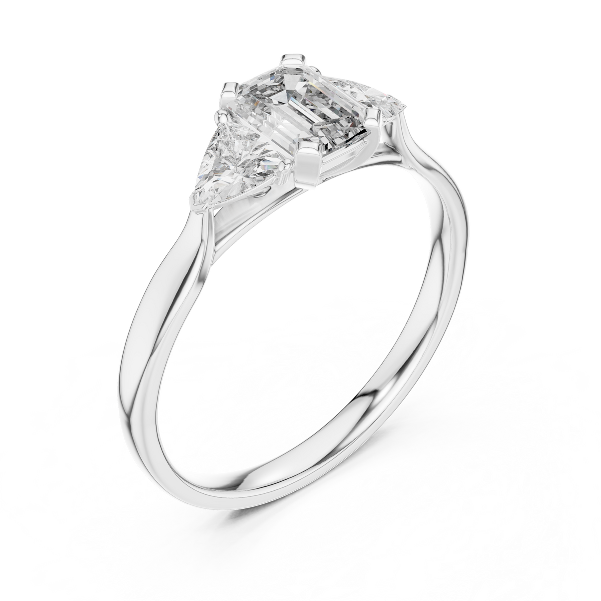 Emerald Cut and Trillion Three Stone Moissanite Ring in white 925 sterling silver, view 2