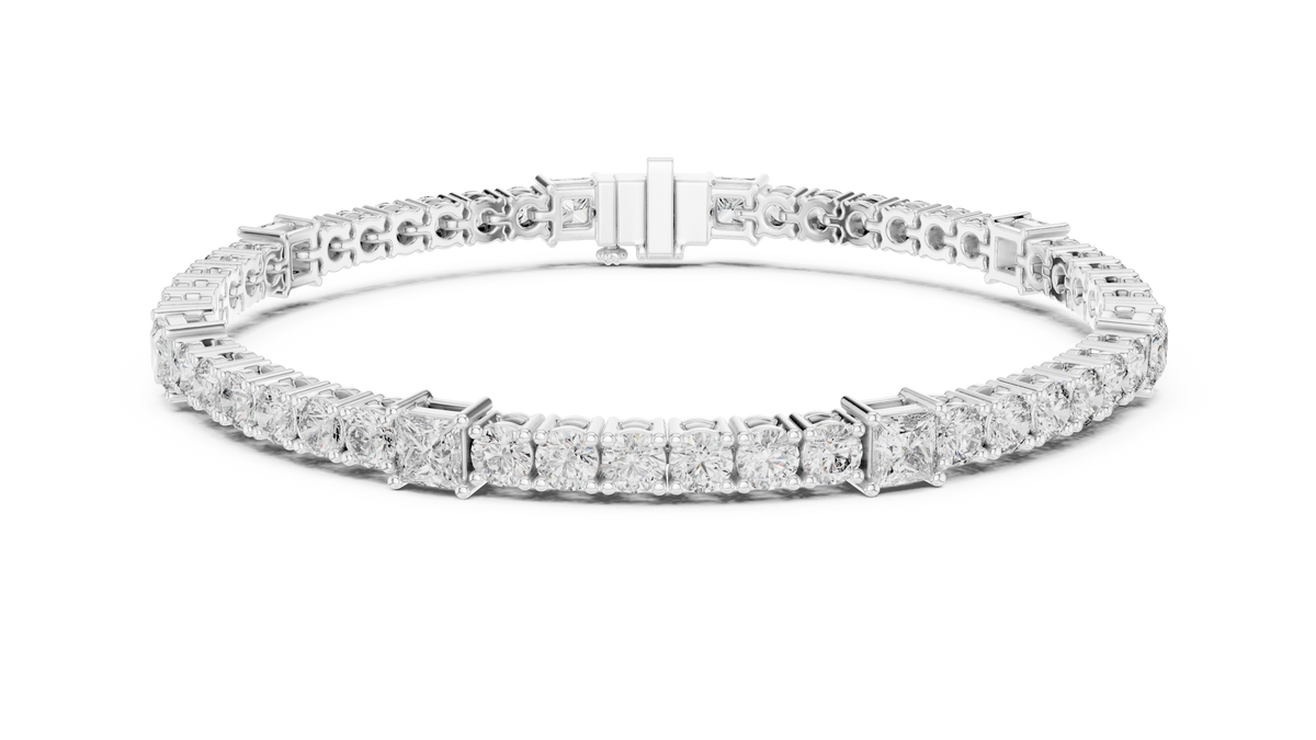Princess Station Round Moissanite Tennis Bracelet in white 925 sterling silver, view 1