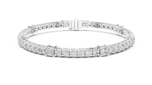 Princess Station Round Moissanite Tennis Bracelet in white 925 sterling silver, view 1