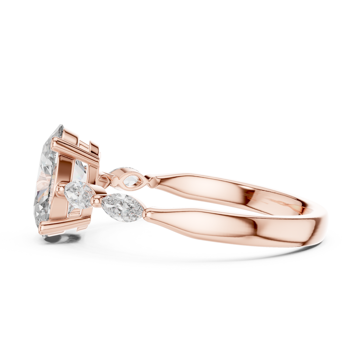 Oval Moissanite Ring with Marquise Accent Shoulders in rose 925 sterling silver, view 3