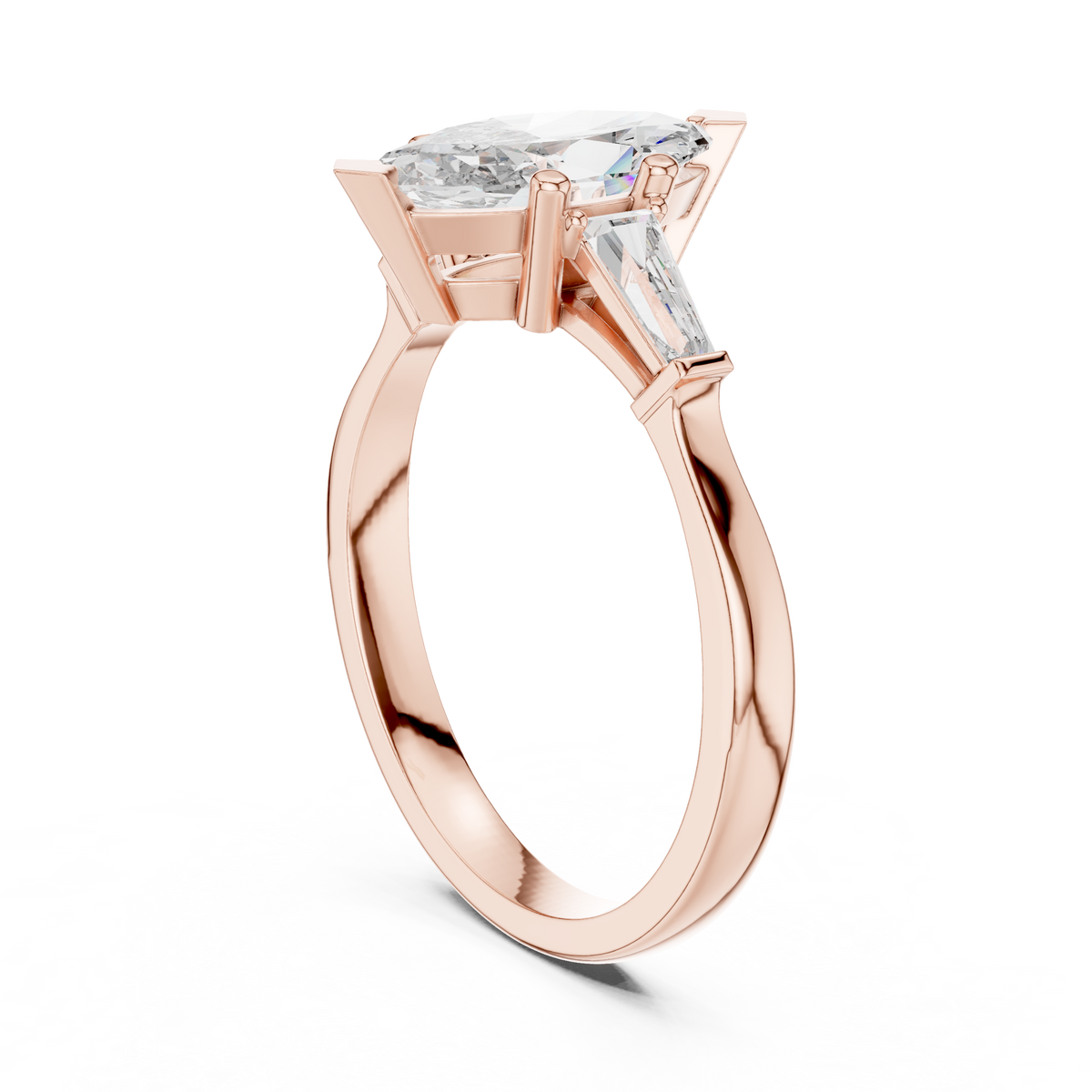 Marquise Moissanite Ring with Tapered Baguette Sides in rose 925 sterling silver, view 1
