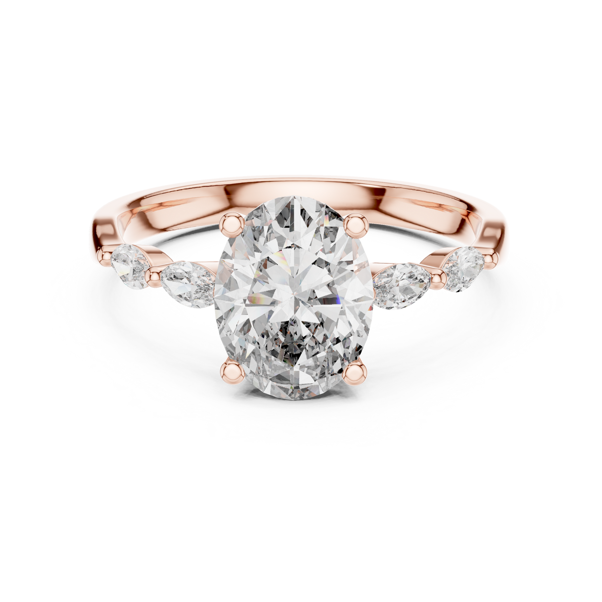 Oval Moissanite Ring with Marquise Accent Shoulders in rose 925 sterling silver, view 4