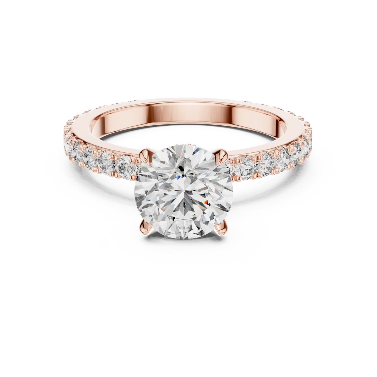 Round Solitaire Moissanite Ring with Hidden Halo and Pavé Band in rose 925 sterling silver, view 4