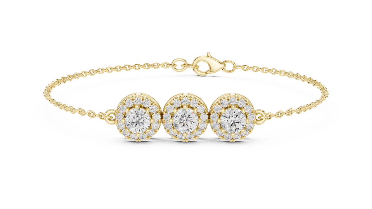Triple Halo Moissanite Chain Bracelet in yellow 925 sterling silver, view 1