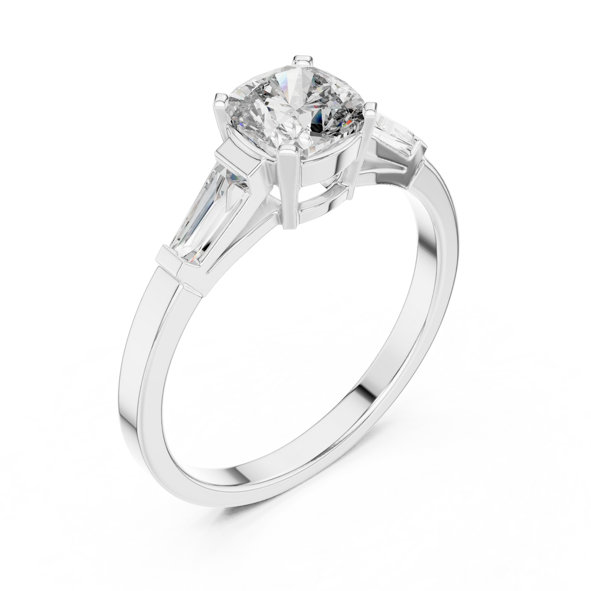 Cushion Cut Moissanite Ring with Tapered Baguette Sides in white 925 sterling silver, view 2
