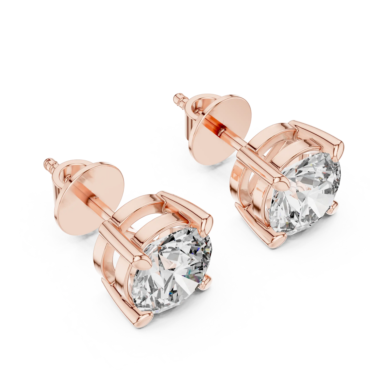 Round moissanite tiger prong stud earrings in rose 925 sterling silver, view 2