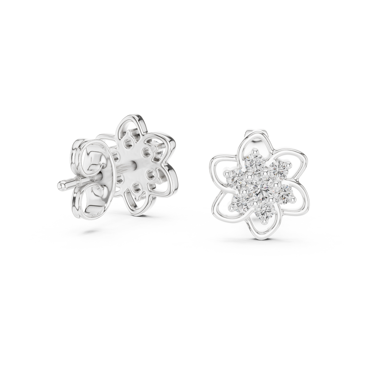 Moissanite Flower Cluster Stud Earrings in white 925 sterling silver, view 1