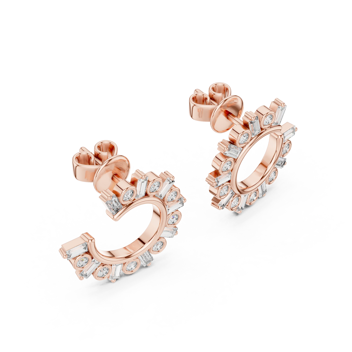 Baguette and round moissanite front hoop earrings in rose 925 sterling silver, view 2