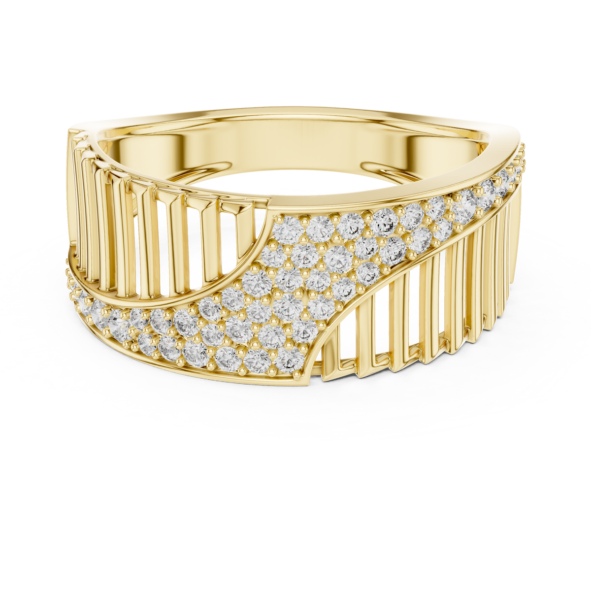 Men's Diagonal Wave Pavé and Ribbed Moissanite Band in yellow 925 sterling silver, view 4