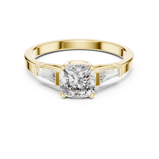 Cushion Cut Moissanite Ring with Tapered Baguette Sides in yellow 925 sterling silver, view 4
