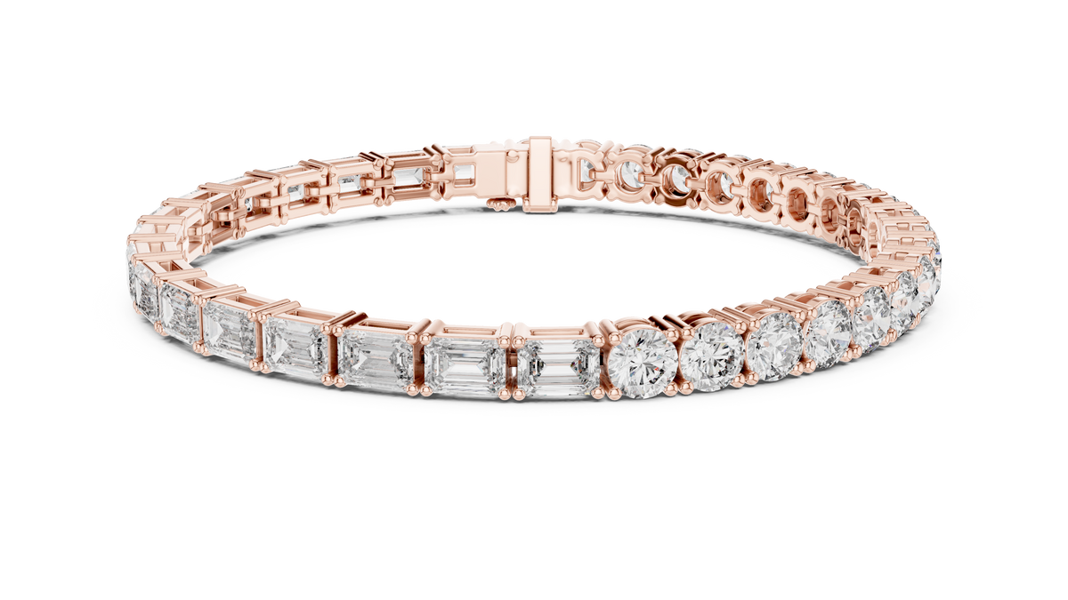 Emerald and Round Moissanite Tennis Bracelet in rose 925 sterling silver, view 1