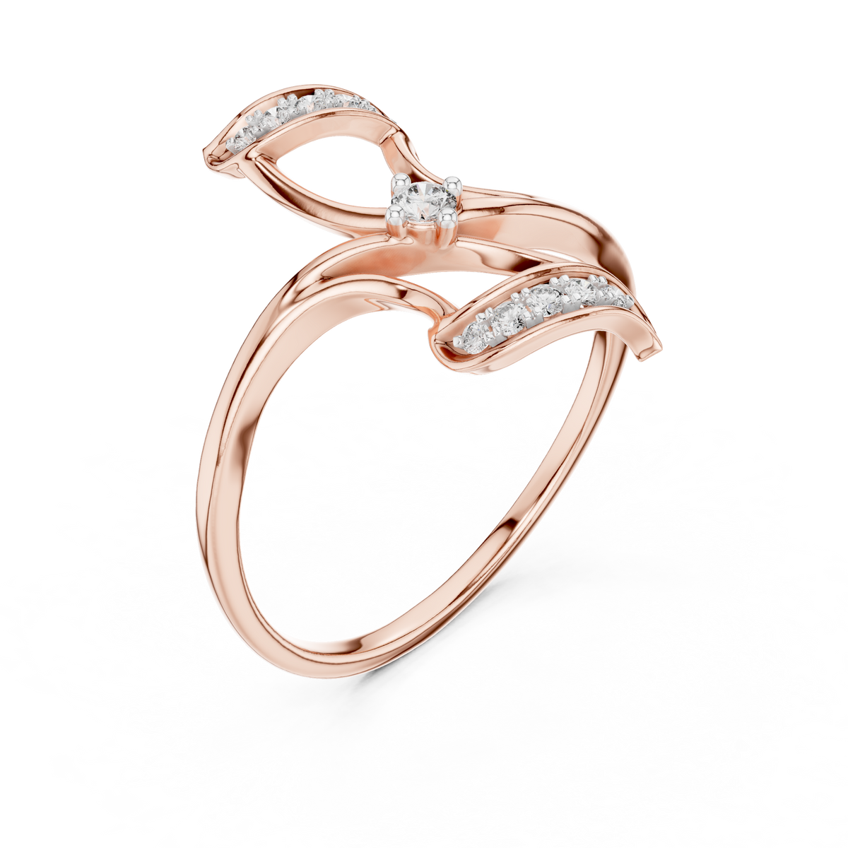 Pinwheel Bypass Moissanite Ring in rose 925 sterling silver, view 2