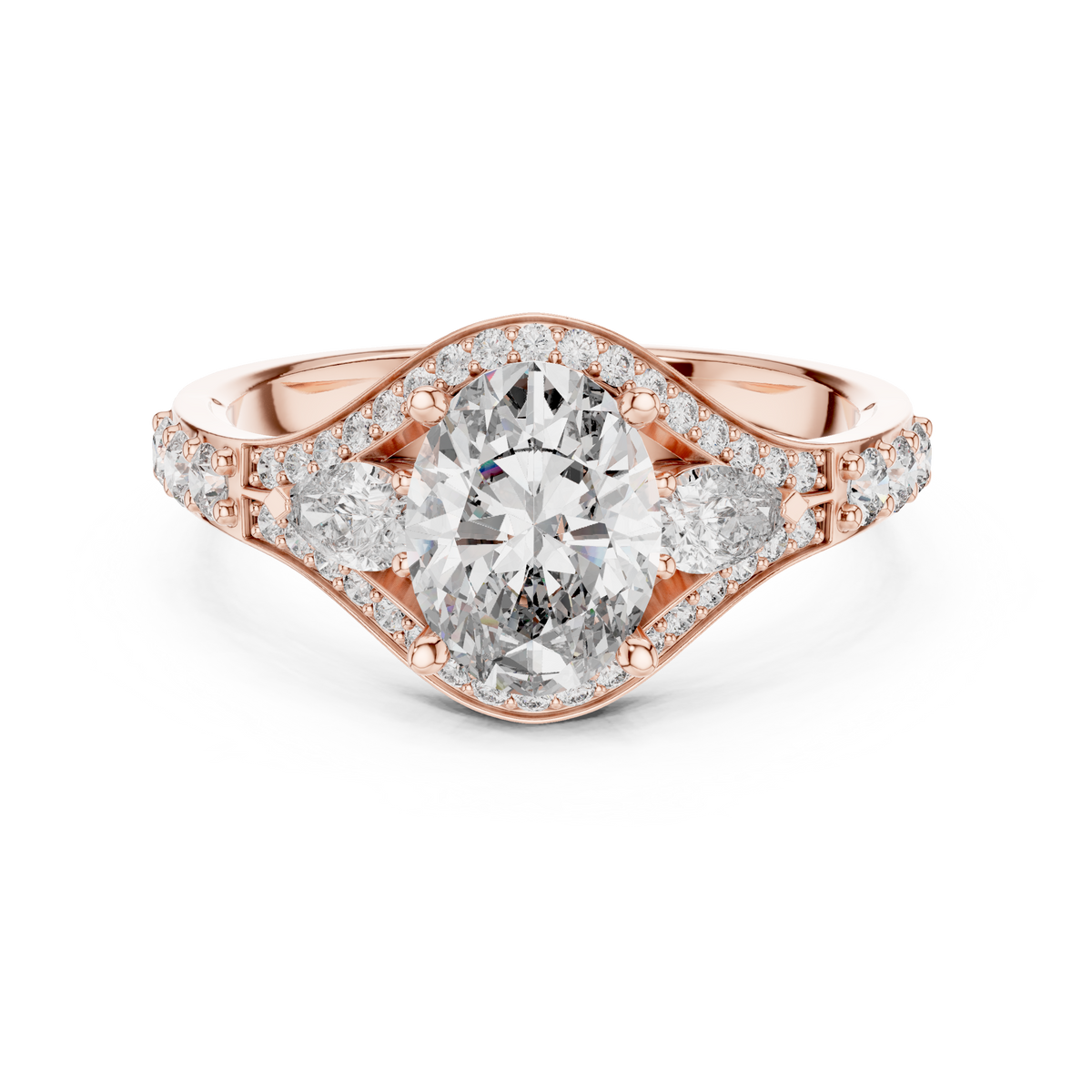 Oval and Pear Moissanite Halo Ring with Split Pavé Shoulders in rose 925 sterling silver, view 4