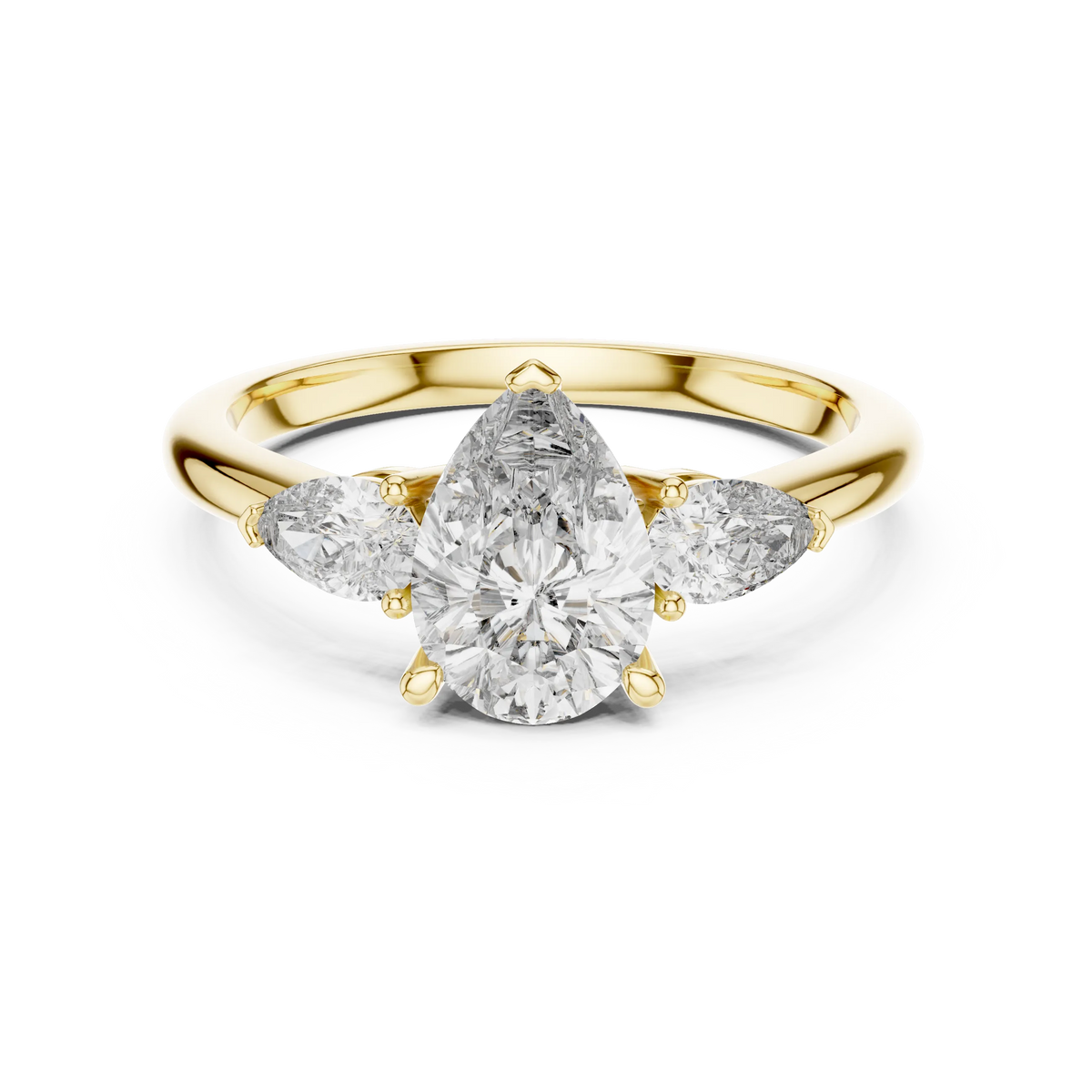 Pear Three Stone Moissanite Engagement Ring in yellow 925 sterling silver, view 4
