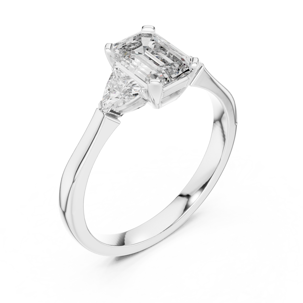 Emerald Cut and Trillion Three Stone Moissanite Engagement Ring in white 925 sterling silver, view 2