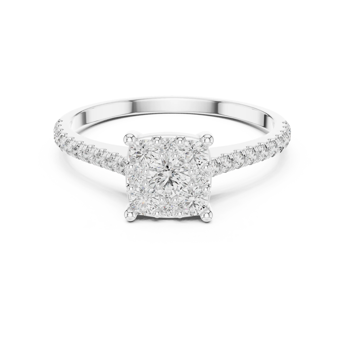 Round Cluster Moissanite Engagement Ring with Pavé Band in white 925 sterling silver, view 4