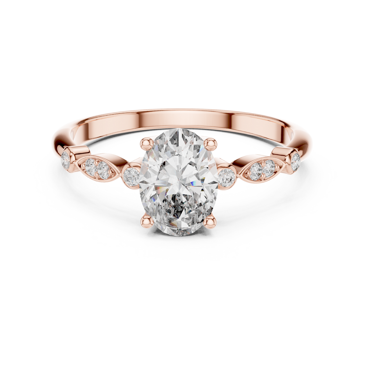Oval Moissanite Ring with Bezel and Marquise Station Accents in rose 925 sterling silver, view 4