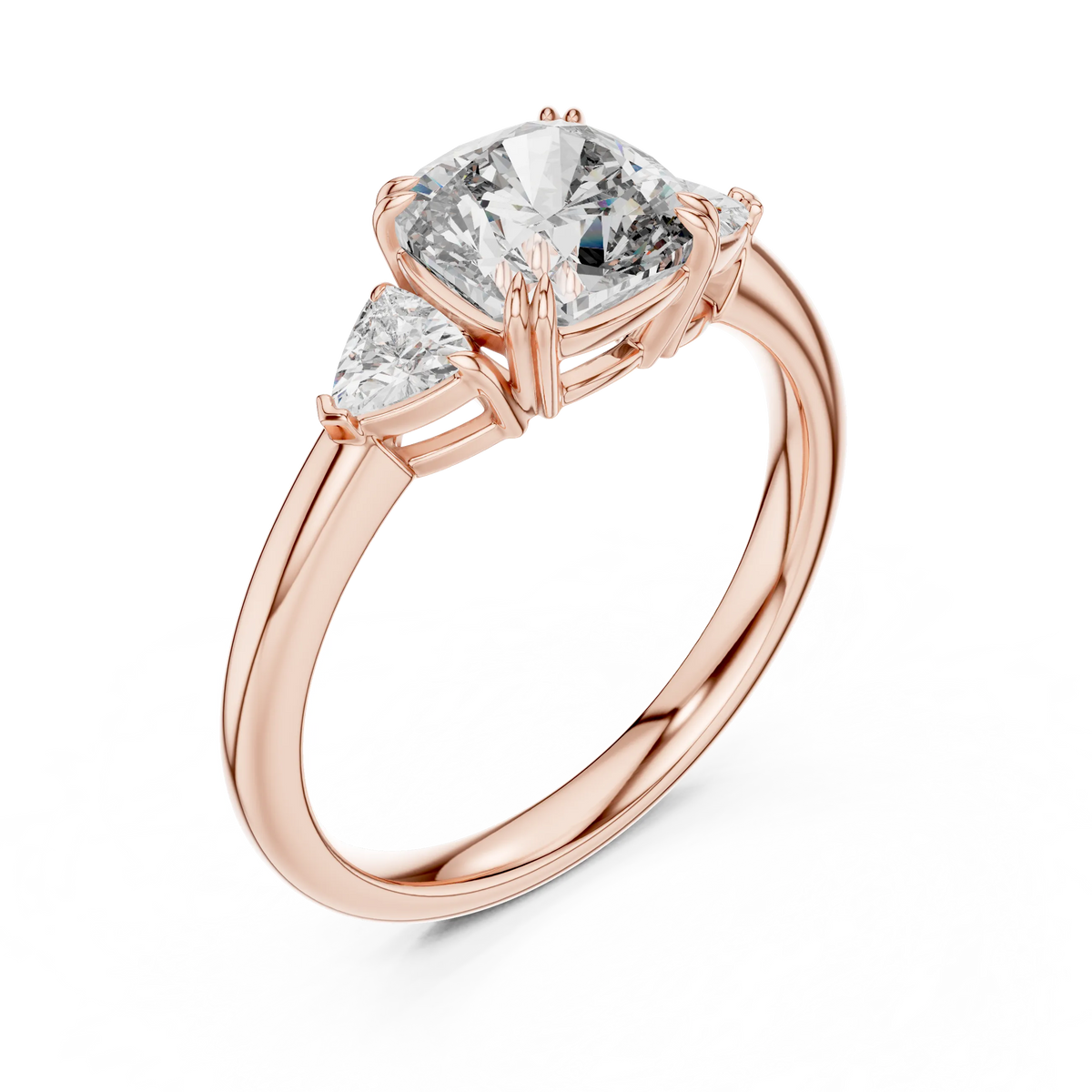 Cushion and Trillion Three Stone Moissanite Ring in rose 925 sterling silver, view 2