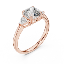 Cushion and Trillion Three Stone Moissanite Ring in rose 925 sterling silver, view 2