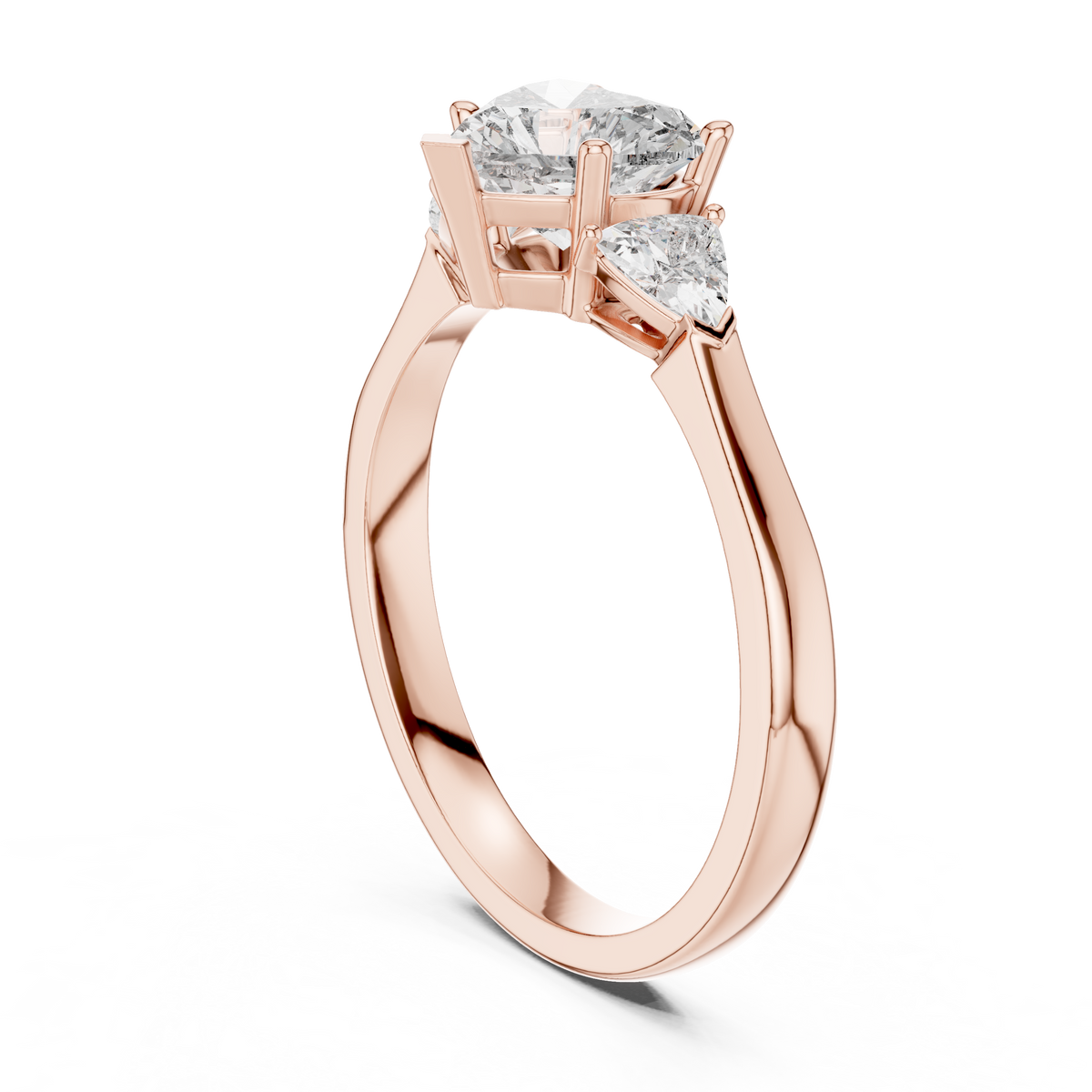 Heart and Trillion Three Stone Moissanite Ring in rose 925 sterling silver, view 1