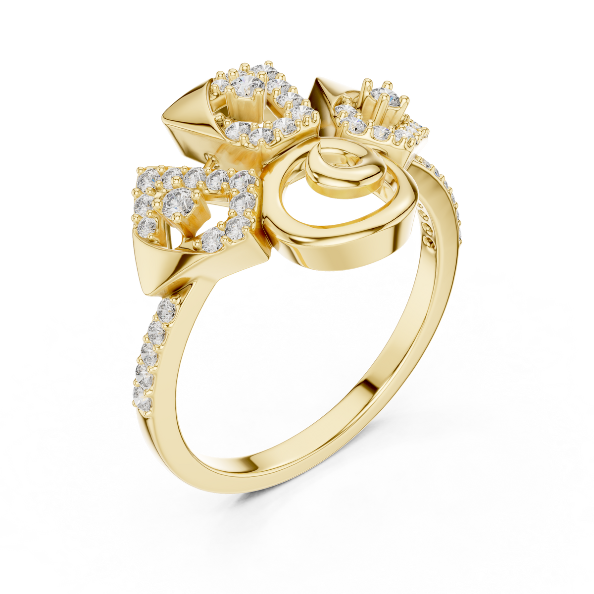 Geometric Pavé Fan and Swirl Moissanite Ring in yellow 925 sterling silver, view 2