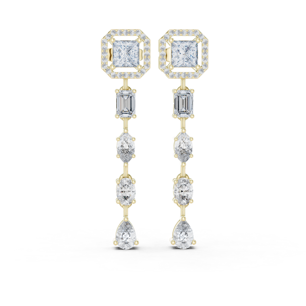 Princess Halo Mixed Shape Moissanite Line Drop Earrings in yellow 925 sterling silver, view 1
