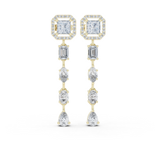 Princess Halo Mixed Shape Moissanite Line Drop Earrings in yellow 925 sterling silver, view 1
