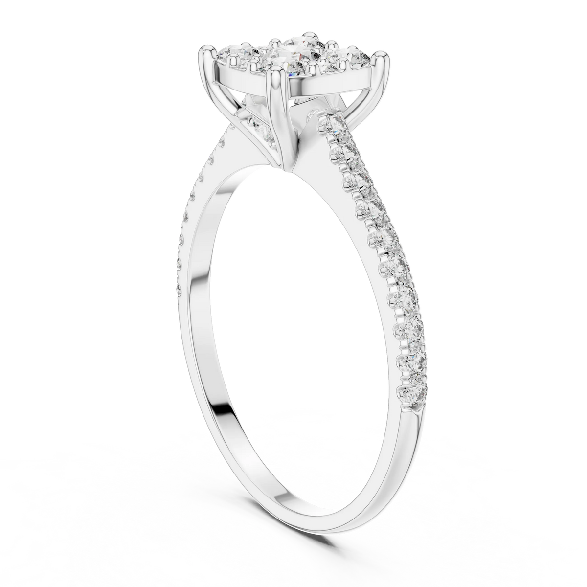 Round Cluster Moissanite Engagement Ring with Pavé Band in white 925 sterling silver, view 1