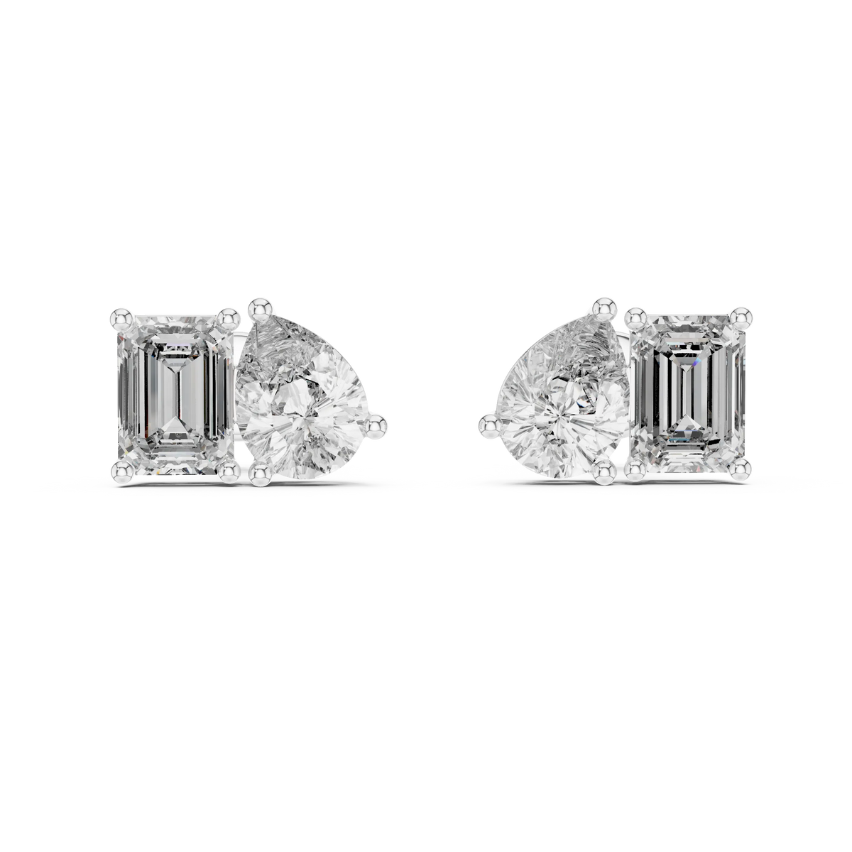 Pear and emerald moissanite toi et moi stud earrings in white 925 sterling silver, view 4