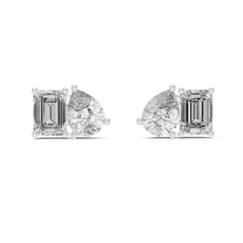 Pear and emerald moissanite toi et moi stud earrings in white 925 sterling silver, view 4