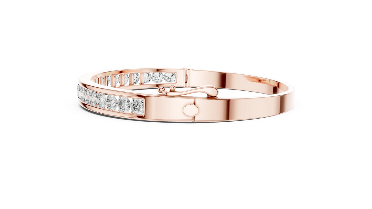 Channel Set Round Moissanite Hinged Bangle in rose 925 sterling silver, view 4