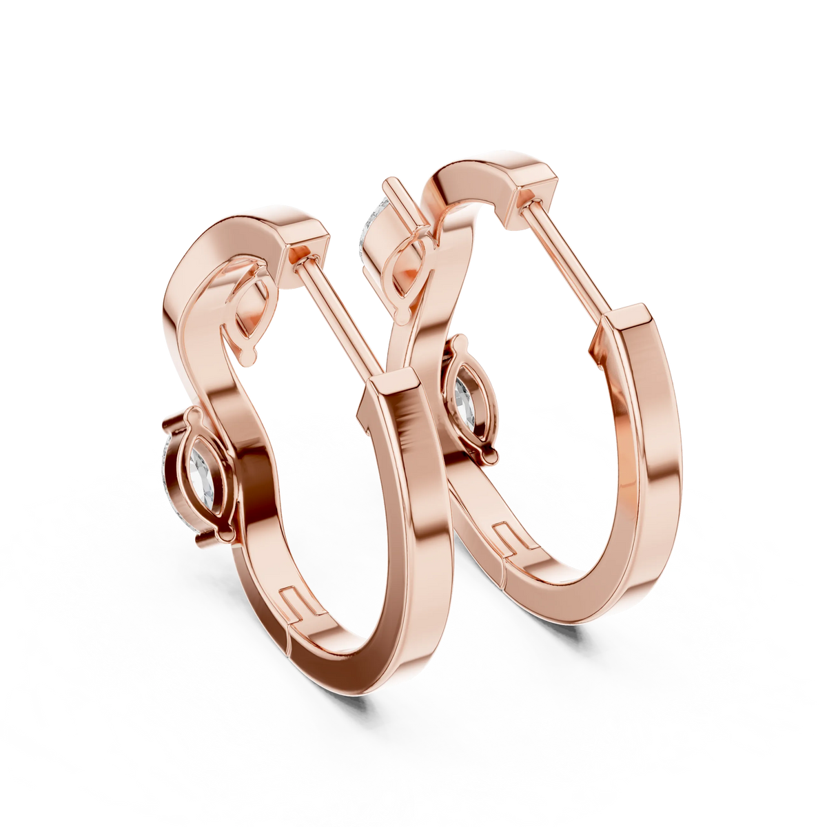 Marquise moissanite wave huggie hoop earrings in rose 925 sterling silver, view 3