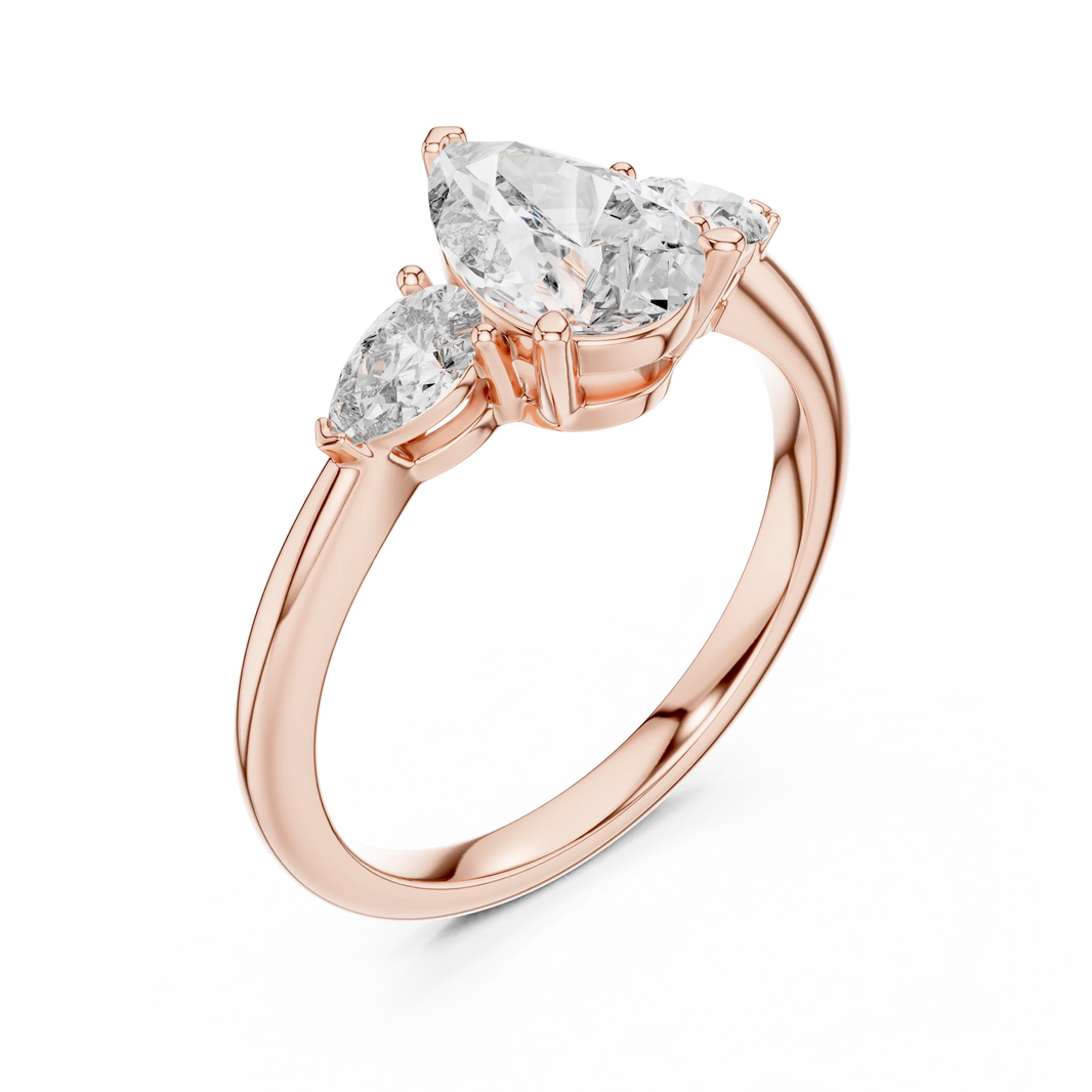 Pear Three Stone Moissanite Engagement Ring in rose 925 sterling silver, view 2
