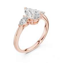 Pear Three Stone Moissanite Engagement Ring in rose 925 sterling silver, view 2