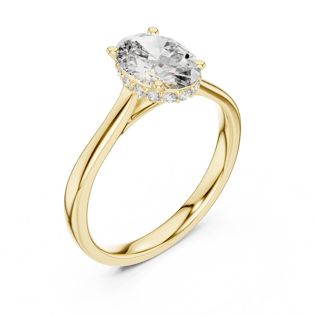 Oval Hidden Halo Moissanite Cathedral Solitaire Ring in yellow 925 sterling silver, view 2