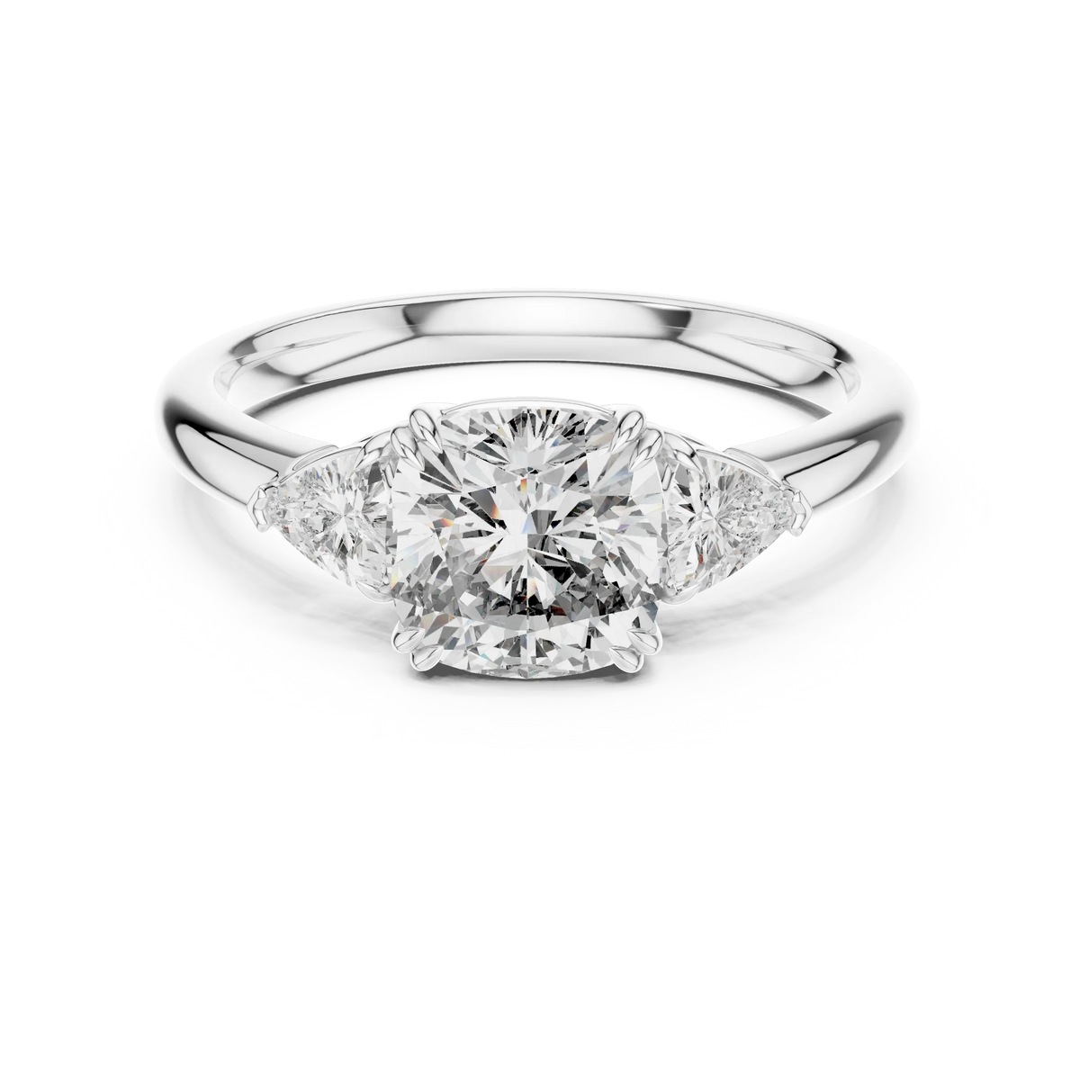 Cushion and Trillion Three Stone Moissanite Ring in white 925 sterling silver, view 4