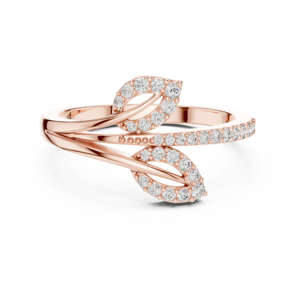 Bypass Twin Leaf Pavé Moissanite Ring in rose 925 sterling silver, view 4