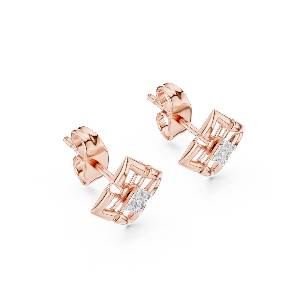 Moissanite Geometric Square Cluster Stud Earrings in rose 925 sterling silver, view 2