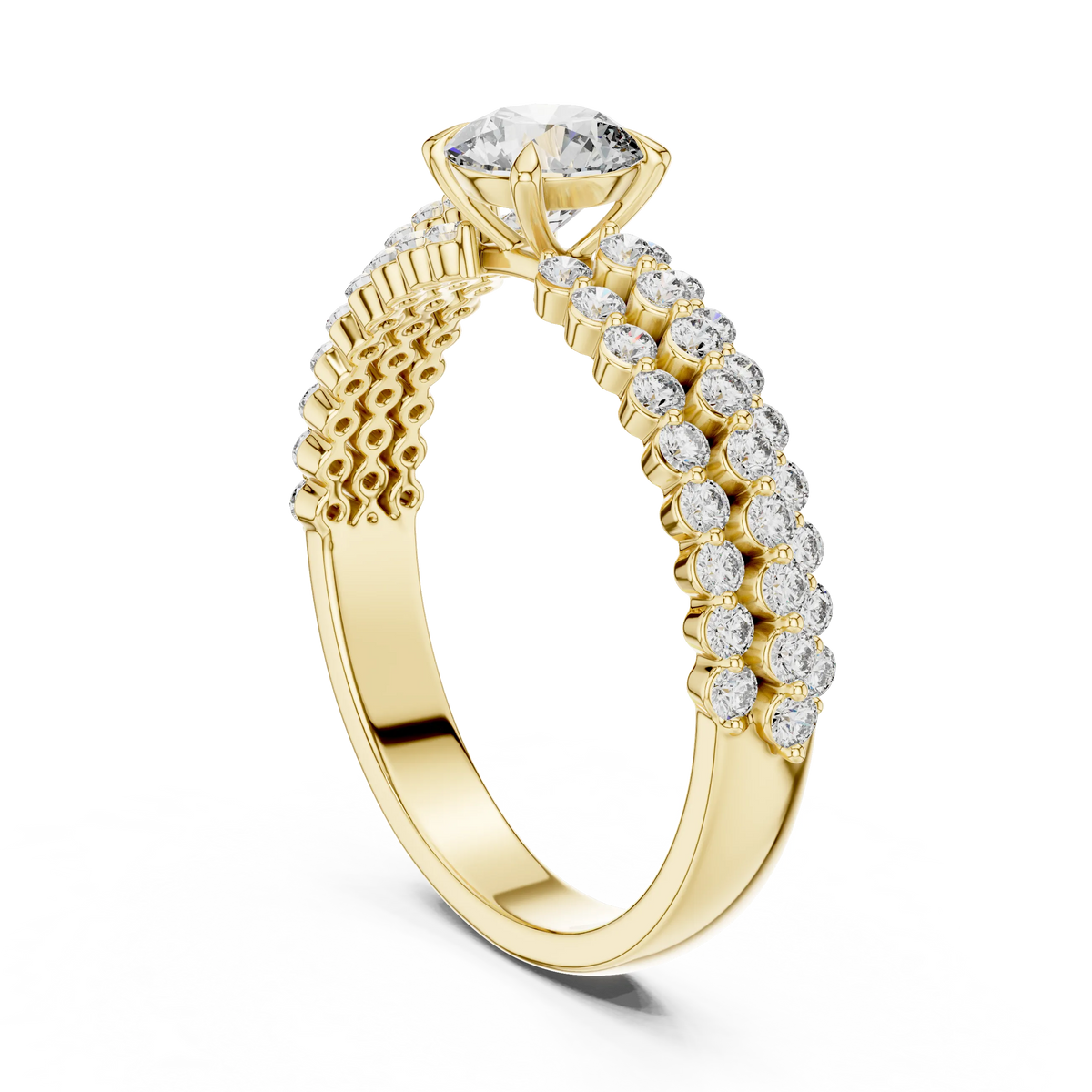 Round Solitaire Moissanite Ring with Double Row Pavé Band in yellow 925 sterling silver, view 1