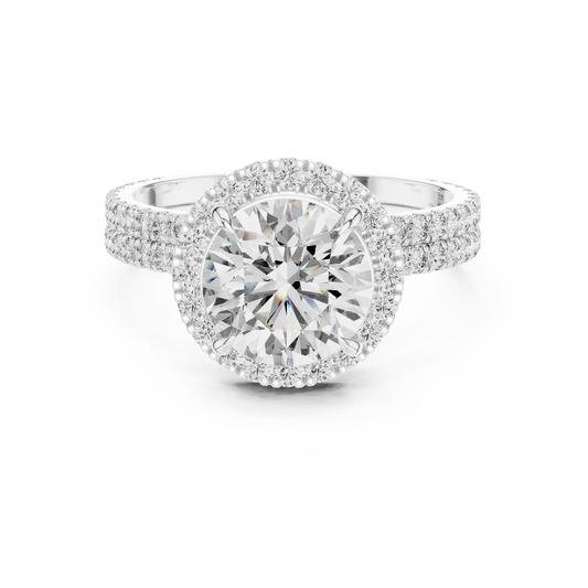 Round Halo Moissanite Engagement Ring with Pavé Band in white 925 sterling silver, view 4