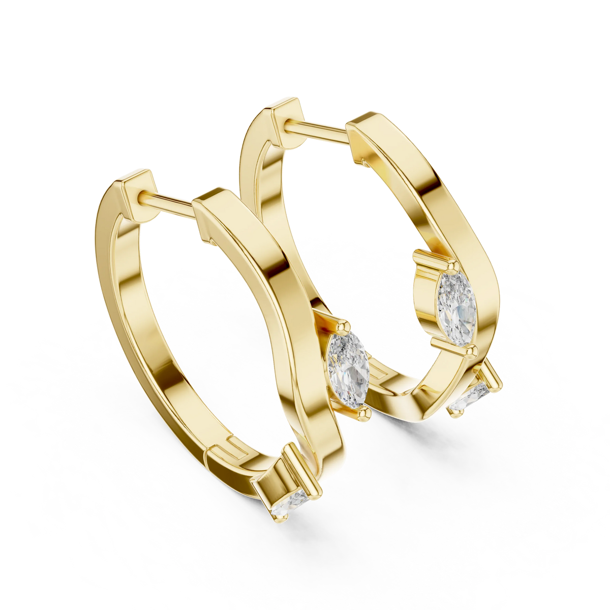 Marquise moissanite wave huggie hoop earrings in yellow 925 sterling silver, view 2