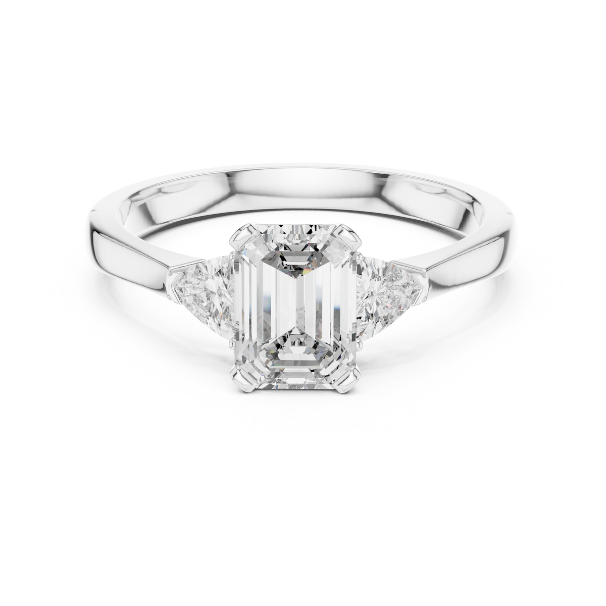 Emerald Cut and Trillion Three Stone Moissanite Engagement Ring in white 925 sterling silver, view 4