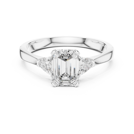 Emerald Cut and Trillion Three Stone Moissanite Engagement Ring in white 925 sterling silver, view 4