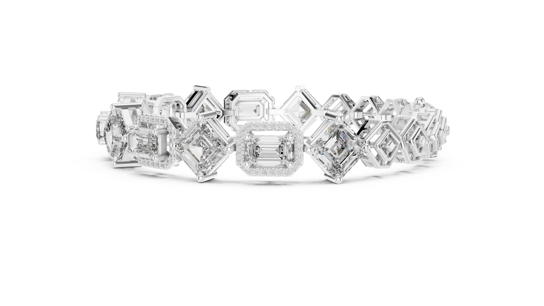 Asscher and Emerald Halo Station Moissanite Bracelet in white 925 sterling silver, view 4