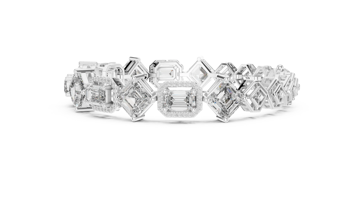 Asscher and Emerald Halo Station Moissanite Bracelet in white 925 sterling silver, view 4