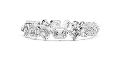 Asscher and Emerald Halo Station Moissanite Bracelet in white 925 sterling silver, view 4